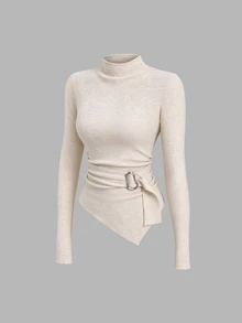 Sweetra Apricot Semi-High Neck Fashion Urban Charm Commute Elegant Modern Minimalist Versatile Metal Buckle Decor Asymmetrical Hem Pullover Knit Base Layer Top For Women - Apricot - View 1