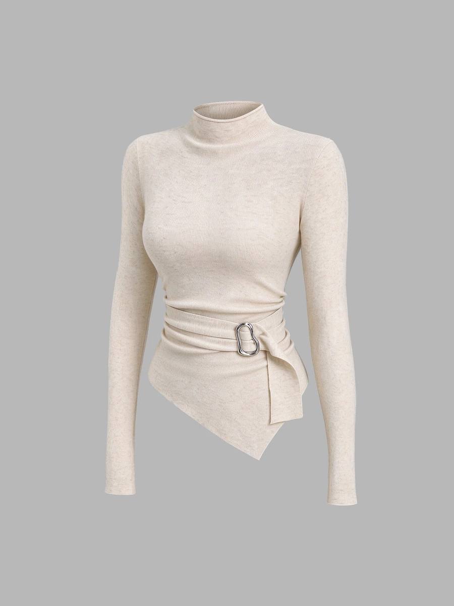 Sweetra Apricot Semi-High Neck Fashion Urban Charm Commute Elegant Modern Minimalist Versatile Metal Buckle Decor Asymmetrical Hem Pullover Knit Base Layer Top For Women - Apricot - View 1