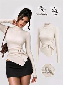 Sweetra Apricot Semi-High Neck Fashion Urban Charm Commute Elegant Modern Minimalist Versatile Metal Buckle Decor Asymmetrical Hem Pullover Knit Base Layer Top For Women - Apricot - View 3