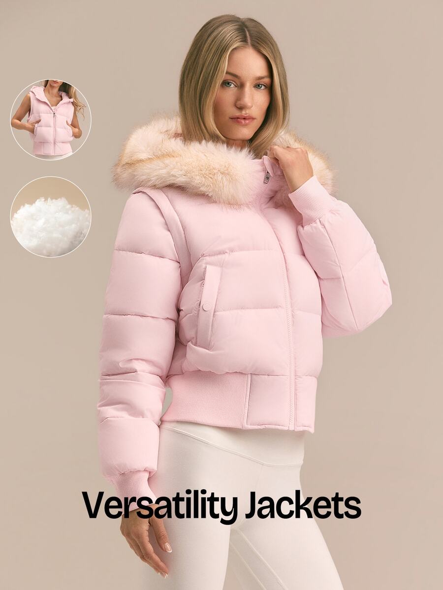 GLOWMODE Winter Glow Convertible Cropped Bomber Jacket With Detachable Faux-Fur Collar & Sleeves And Fleece-Lined Pockets Daily Casual Fall Winter Outdoor Wear - Pink - View 1