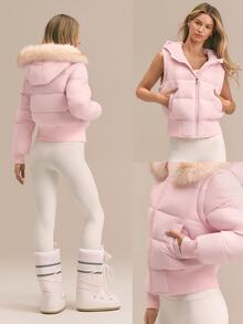 GLOWMODE Winter Glow Convertible Cropped Bomber Jacket With Detachable Faux-Fur Collar & Sleeves And Fleece-Lined Pockets Daily Casual Fall Winter Outdoor Wear - Pink - View 10