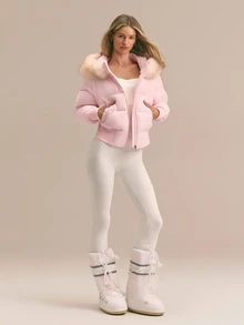 GLOWMODE Winter Glow Convertible Cropped Bomber Jacket With Detachable Faux-Fur Collar & Sleeves And Fleece-Lined Pockets Daily Casual Fall Winter Outdoor Wear - Pink - View 9