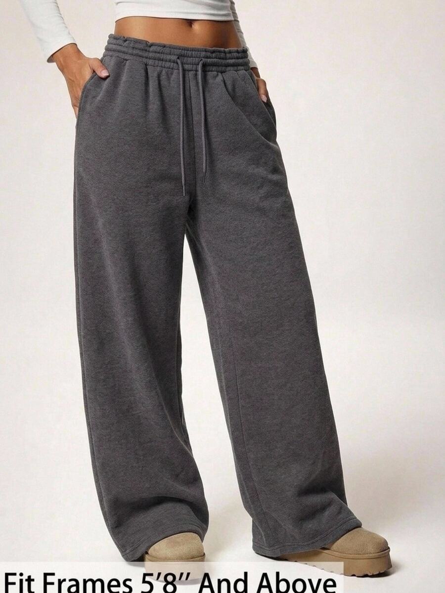 SHEIN Tall CURVE Plus Size Women's Solid Color Drawstring Waist Wide Leg Loose Casual Baggy Sweatpants Lounge Home Grey - Dark Grey - View 1