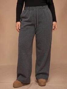 SHEIN Tall CURVE Plus Size Women's Solid Color Drawstring Waist Wide Leg Loose Casual Baggy Sweatpants Lounge Home Grey - Dark Grey - View 7