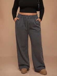 SHEIN Tall CURVE Plus Size Women's Solid Color Drawstring Waist Wide Leg Loose Casual Baggy Sweatpants Lounge Home Grey - Dark Grey - View 8