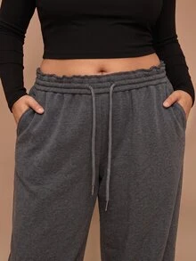 SHEIN Tall CURVE Plus Size Women's Solid Color Drawstring Waist Wide Leg Loose Casual Baggy Sweatpants Lounge Home Grey - Dark Grey - View 6