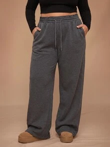 SHEIN Tall CURVE Plus Size Women's Solid Color Drawstring Waist Wide Leg Loose Casual Baggy Sweatpants Lounge Home Grey - Dark Grey - View 5