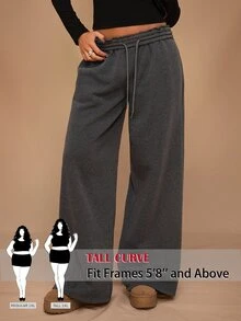 SHEIN Tall CURVE Plus Size Women's Solid Color Drawstring Waist Wide Leg Loose Casual Baggy Sweatpants Lounge Home Grey - Dark Grey - View 3