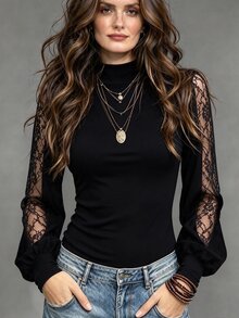 SHEIN 女款秋冬優雅休閒小立領對比蕾絲燈籠袖長袖T恤上衣，女款春季修身黑色對比蕾絲上衣，女款外出約會日常上衣，辦公通勤休閒蕾絲上衣，女款音樂節、派對、輕宴會性感穿搭上衣，女款復古黑色燈籠袖上衣 - 黑色 - 查看 3