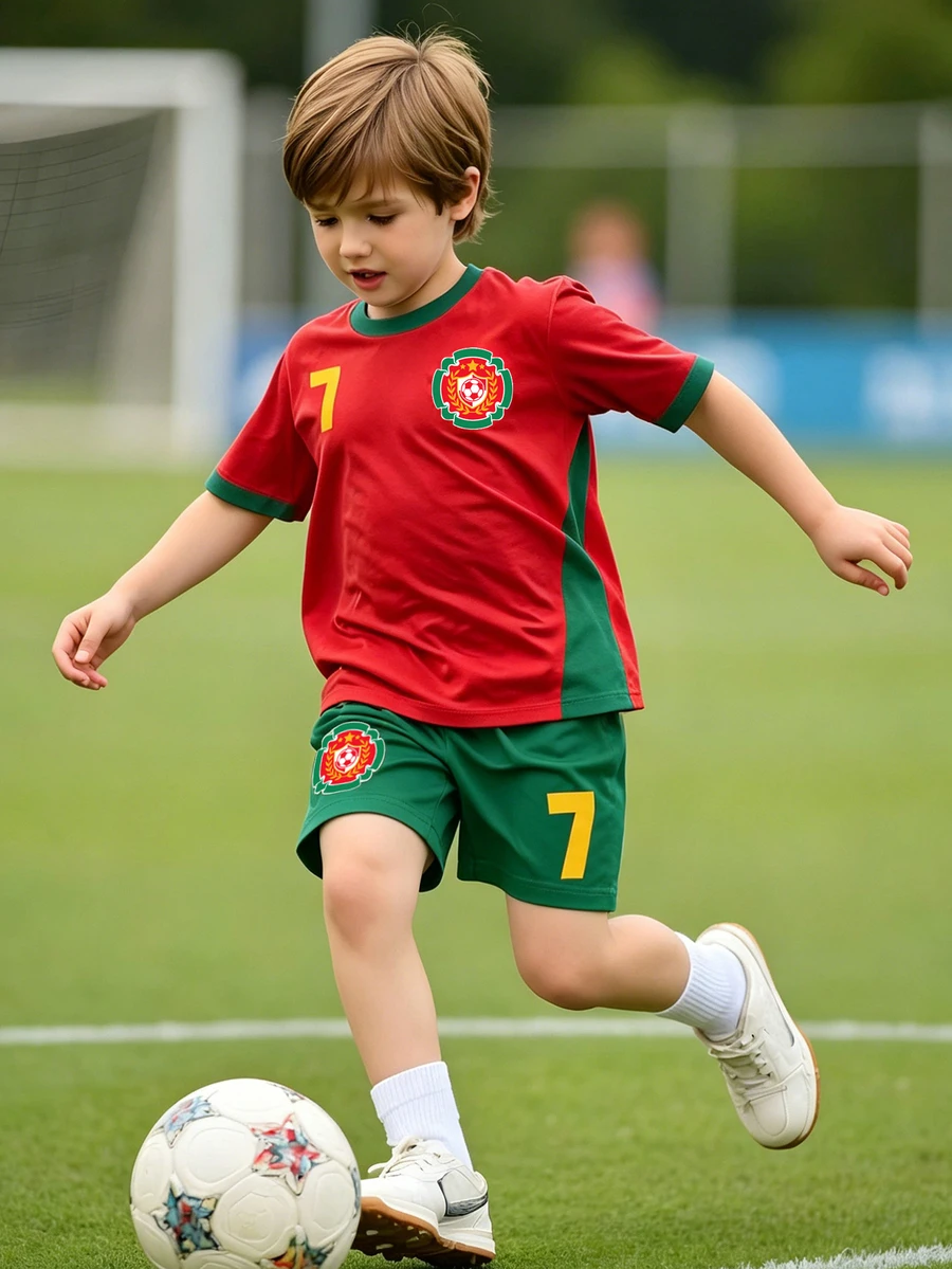 SHEIN Tween Boy Red Summer Athletic Casual Work 2-Piece Set,Boys' Sports Uniform Short Sleeve Tee And Shorts Suit,Soft Breathable #7 Jersey,Back To School