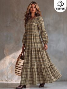 Ceyna Plus Size Cotton Plaid Tiered Cake Dress, Boho Round Neck Lantern Long Sleeve, Fall Thanksgiving Wedding Guest Vacation Dark Green - Multicolor - View 6