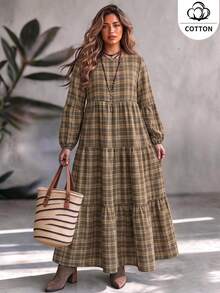 Ceyna Plus Size Cotton Plaid Tiered Cake Dress, Boho Round Neck Lantern Long Sleeve, Fall Thanksgiving Wedding Guest Vacation Dark Green - Multicolor - View 5