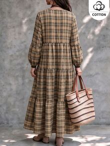 Ceyna Plus Size Cotton Plaid Tiered Cake Dress, Boho Round Neck Lantern Long Sleeve, Fall Thanksgiving Wedding Guest Vacation Dark Green - Multicolor - View 3