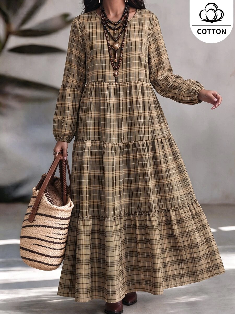 Ceyna Plus Size Cotton Plaid Tiered Cake Dress, Boho Round Neck Lantern Long Sleeve, Fall Thanksgiving Wedding Guest Vacation Dark Green