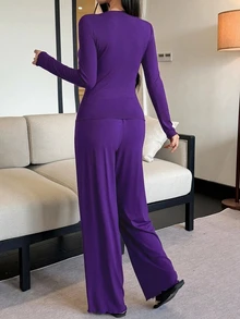 DAZY Solid Color Minimalist Comfortable Knit Women's Loungewear Set Fall Pajama - Purple - View 2