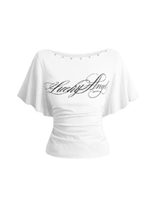 ROMWE Y2K 女款性感蝙蝠袖 T-shirt 附十字鉚釘 - 白色 - 查看 1