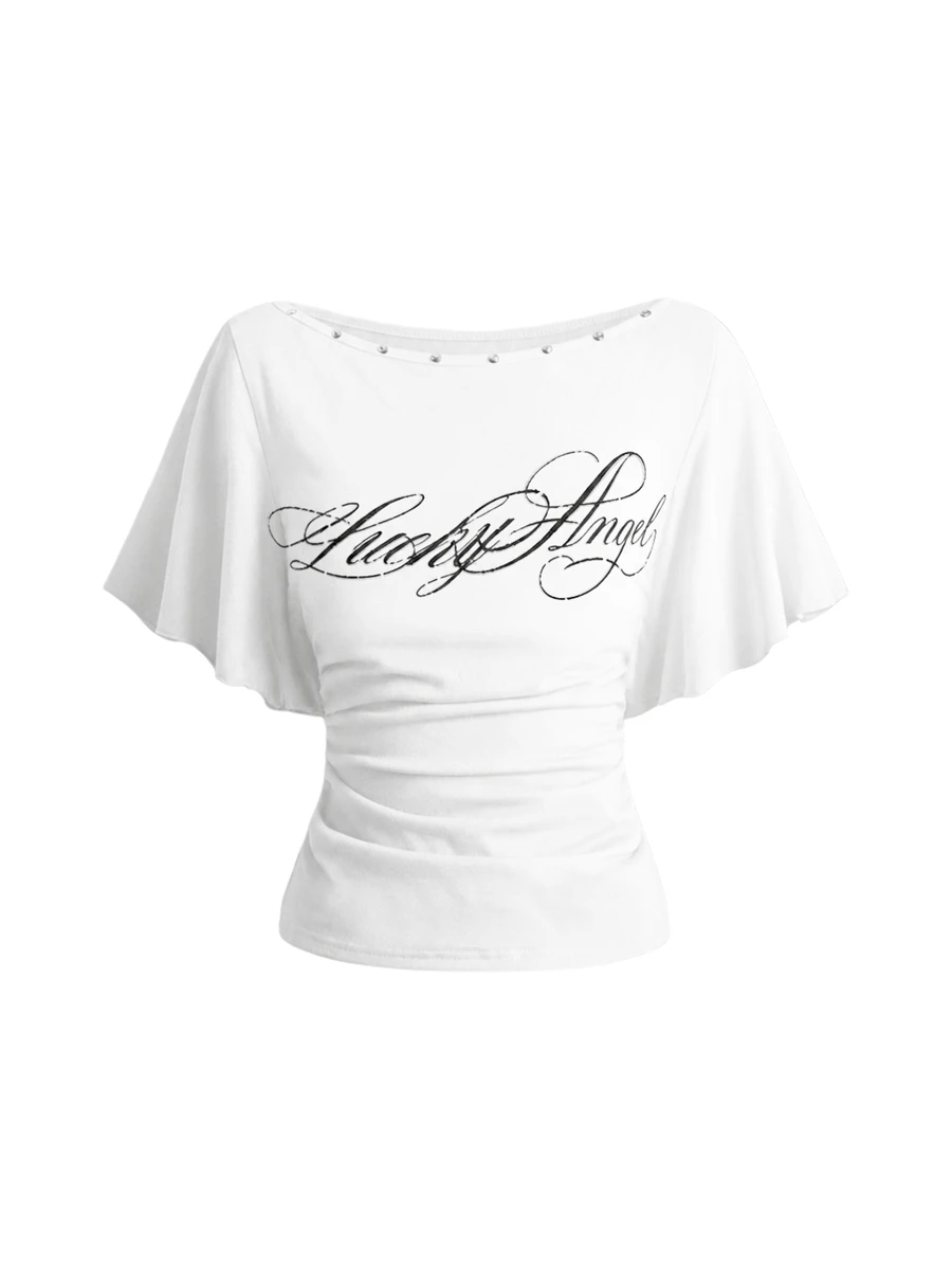 ROMWE Y2K 女款性感蝙蝠袖 T-shirt 附十字鉚釘 - 白色 - 查看 1