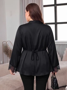 Modelyn Plus Size Women's Black Elegant Satin Chinese Style Frog Button Design Asymmetrical Lace Trim Long Sleeve Blouse, Suitable For New Year, Daily Wear - Black - View 2