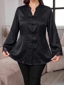 Modelyn Plus Size Women's Black Elegant Satin Chinese Style Frog Button Design Asymmetrical Lace Trim Long Sleeve Blouse, Suitable For New Year, Daily Wear - Black - View 5