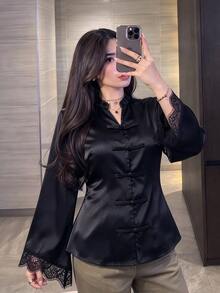Modelyn Plus Size Women's Black Elegant Satin Chinese Style Frog Button Design Asymmetrical Lace Trim Long Sleeve Blouse, Suitable For New Year, Daily Wear - Black - View 1