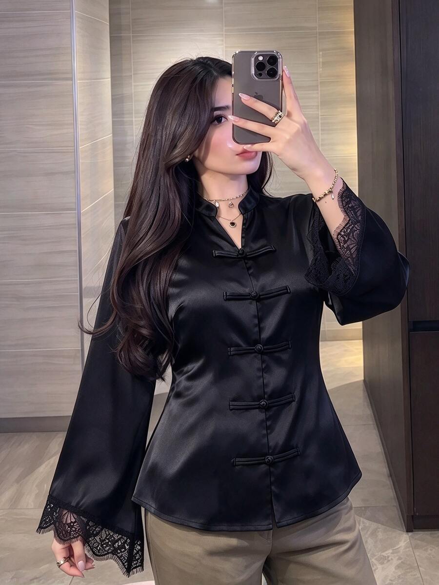 Modelyn Plus Size Women's Black Elegant Satin Chinese Style Frog Button Design Asymmetrical Lace Trim Long Sleeve Blouse, Suitable For New Year, Daily Wear - Black - View 1