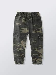 SHEIN Young Boys Vintage Casual Street Chic Multi-Pocket Loose Comfortable Elastic Waist Drawstring Cuffed Denim Cargo Pants Autumn Fall - Multicolor - View 2