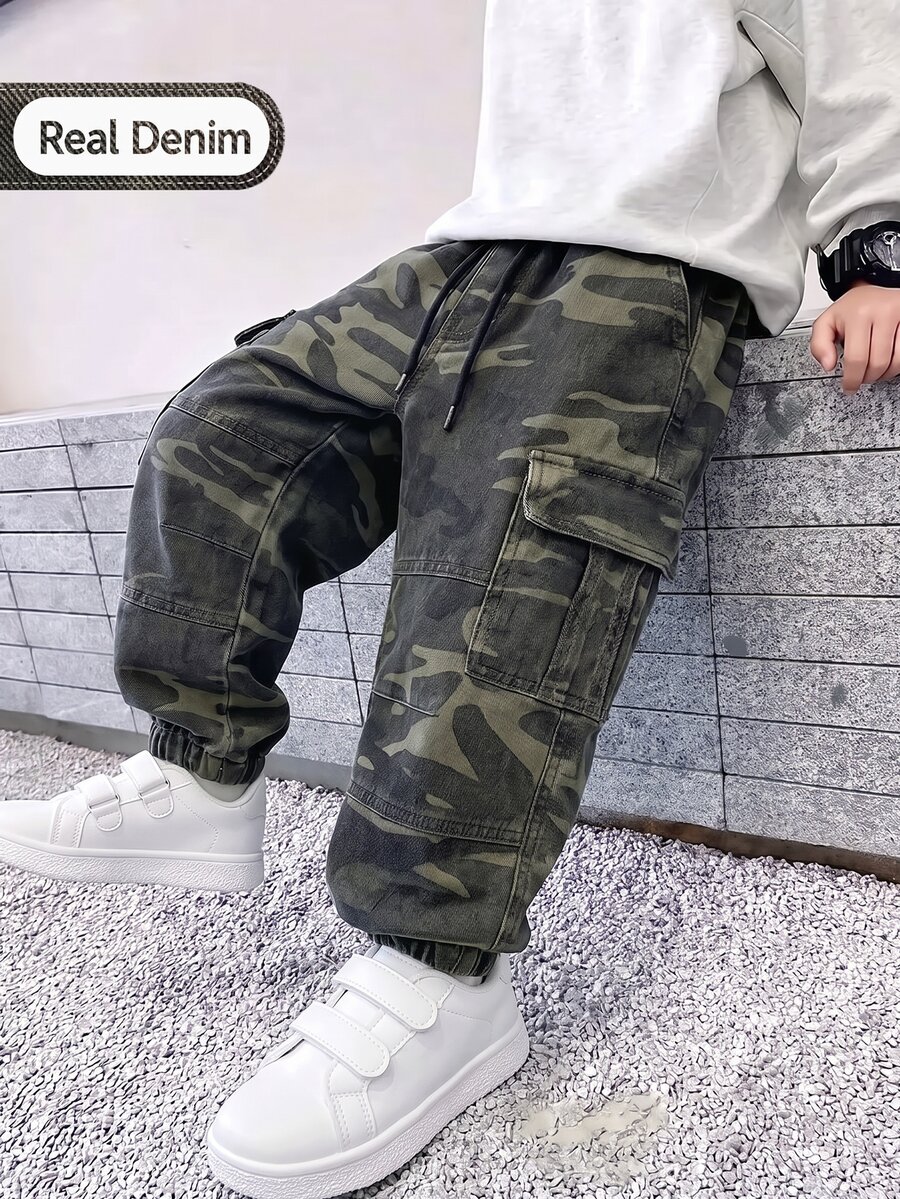 SHEIN Young Boys Vintage Casual Street Chic Multi-Pocket Loose Comfortable Elastic Waist Drawstring Cuffed Denim Cargo Pants Autumn Fall - Multicolor - View 1