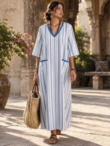 Selamara Striped Women's Dress, Vacation Dress, Casual Comfortable Daily Dress - Multicolor - View 1