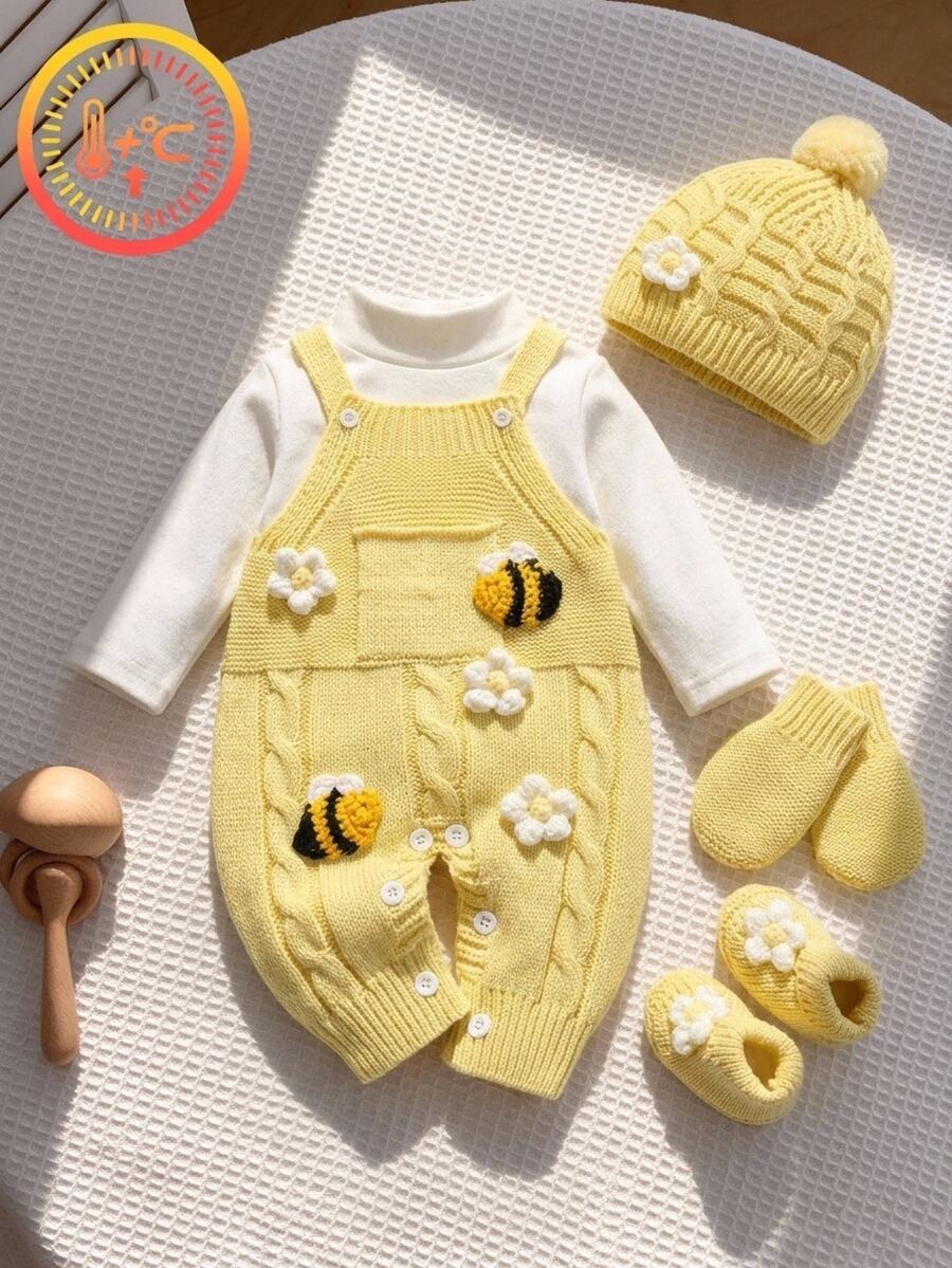 SHEIN Baby Girl Ribbed Knit Jumpsuit & Hat Without Tee Autumn Winter - Yellow - View 1