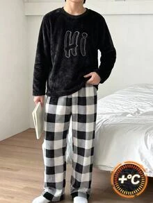 SHEIN Kids Tween Boys Embroidered Design Sweatshirt And Plaid Autumn Winter Pants 2pcs Fleece Pajama Set,Christmas Pajamas - Black and White - View 2
