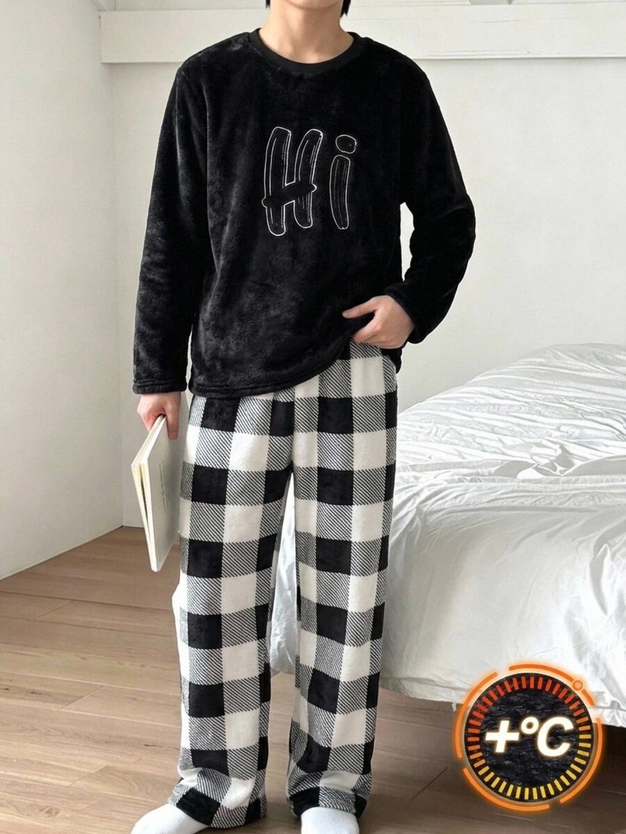 SHEIN Kids Tween Boys Embroidered Design Sweatshirt And Plaid Autumn Winter Pants 2pcs Fleece Pajama Set,Christmas Pajamas
