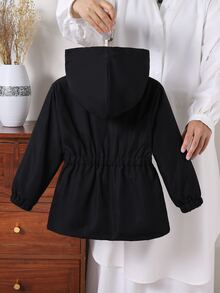 SHEIN 1件女款2026冬季新款復古美拉德色卡其色保暖內裡色布料拉鍊外套，附彈性腰部與連帽，加厚保暖時尚戶外通勤百搭外套 - 黑色 - 查看 2