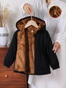 SHEIN 1件女款2026冬季新款復古美拉德色卡其色保暖內裡色布料拉鍊外套，附彈性腰部與連帽，加厚保暖時尚戶外通勤百搭外套 - 黑色 - 查看 3