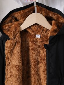 SHEIN 1件女款2026冬季新款復古美拉德色卡其色保暖內裡色布料拉鍊外套，附彈性腰部與連帽，加厚保暖時尚戶外通勤百搭外套 - 黑色 - 查看 5