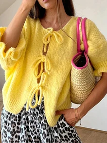 INAWLY Women's Crew Neck Drawstring Long Sleeve Casual Loose Comfy Sweater,Short Sleeve Tops, Knit Pullover Fall Winter - Yellow - View 4