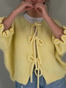 INAWLY Women's Crew Neck Drawstring Long Sleeve Casual Loose Comfy Sweater,Short Sleeve Tops, Knit Pullover Fall Winter - Yellow - View 3