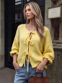 INAWLY Women's Crew Neck Drawstring Long Sleeve Casual Loose Comfy Sweater,Short Sleeve Tops, Knit Pullover Fall Winter - Yellow - View 1
