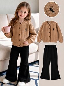 SHEIN Young Girls Cable Knit Set, Button Up Cardigan Jacket Flare Pants Pack, Cute Embroidery Logo Preppy Matching Tracksuit Outfits Birthday Fall Winter - Brown - View 1