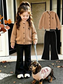 SHEIN Young Girls Cable Knit Set, Button Up Cardigan Jacket Flare Pants Pack, Cute Embroidery Logo Preppy Matching Tracksuit Outfits Birthday Fall Winter - Brown - View 3
