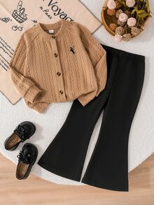 SHEIN Young Girls Cable Knit Set, Button Up Cardigan Jacket Flare Pants Pack, Cute Embroidery Logo Preppy Matching Tracksuit Outfits Birthday Fall Winter - Brown - View 5