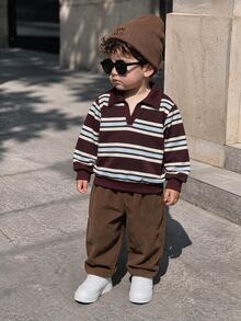 SHEIN Young Boy Striped Pattern Knit Soft Turn-Down Collar Long Sleeve Pullover Top & Corduroy Elastic Waist Long Pants 2pcs Set, Autumn/Winter,Kids Wedding - Multicolor - View 1
