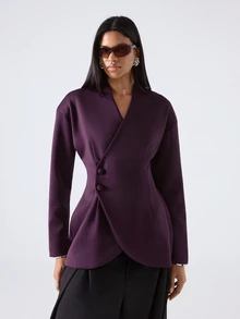LYSMO Women's Elegant Button-Up Waist-Cinching Long Sleeve Jacket Office Dinner Dark Purple Fall - Purple - View 3