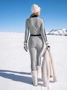 In My Nature Women's Ski Jumpsuit Grey Black Colorblock One Piece Stretch Snowboard Suit Zip Front Long Sleeve Belted Fall Winter For Skiing Snowboarding Hiking - Multicolor - View 5