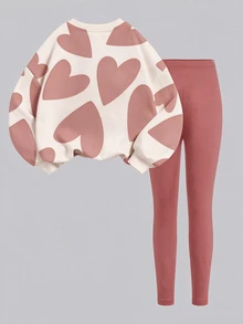 Sweet Set, Beautiful Girl Abstract Geometric Heart Pattern Print, Tween Girl Casual Comfortable Soft Warm Crew Neck Long Sleeve Sweatshirt And Leggings, Suitable For Autumn/Winter Daily Wear, Holiday, Cozy Season - White - View 4