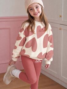 Sweet Set, Beautiful Girl Abstract Geometric Heart Pattern Print, Tween Girl Casual Comfortable Soft Warm Crew Neck Long Sleeve Sweatshirt And Leggings, Suitable For Autumn/Winter Daily Wear, Holiday, Cozy Season - White - View 6