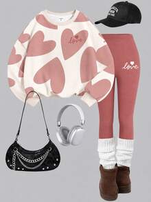 Sweet Set, Beautiful Girl Abstract Geometric Heart Pattern Print, Tween Girl Casual Comfortable Soft Warm Crew Neck Long Sleeve Sweatshirt And Leggings, Suitable For Autumn/Winter Daily Wear, Holiday, Cozy Season - White - View 2