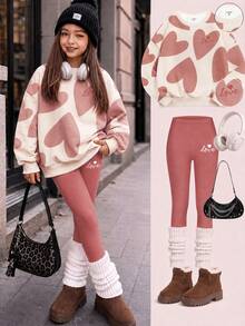 Sweet Set, Beautiful Girl Abstract Geometric Heart Pattern Print, Tween Girl Casual Comfortable Soft Warm Crew Neck Long Sleeve Sweatshirt And Leggings, Suitable For Autumn/Winter Daily Wear, Holiday, Cozy Season - White - View 7
