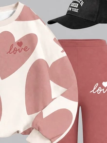 Sweet Set, Beautiful Girl Abstract Geometric Heart Pattern Print, Tween Girl Casual Comfortable Soft Warm Crew Neck Long Sleeve Sweatshirt And Leggings, Suitable For Autumn/Winter Daily Wear, Holiday, Cozy Season - White - View 5
