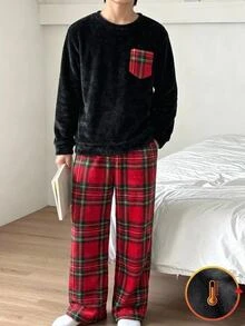 SHEIN 2pcs Tween Boy Black Plush Top And Red & Green Plaid Plush Pants Loungewear Set, Suitable For Home, Christmas, Party, New Year - Multicolor - View 2