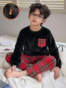 SHEIN 2pcs Tween Boy Black Plush Top And Red & Green Plaid Plush Pants Loungewear Set, Suitable For Home, Christmas, Party, New Year - Multicolor - View 10